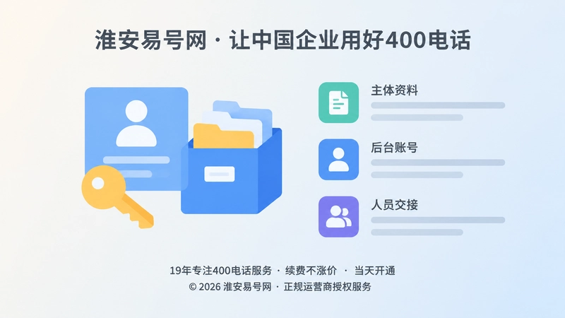左图右文式扁平插画，左侧账号钥匙档案盒，右侧信息线，表现400电话办理资料交接